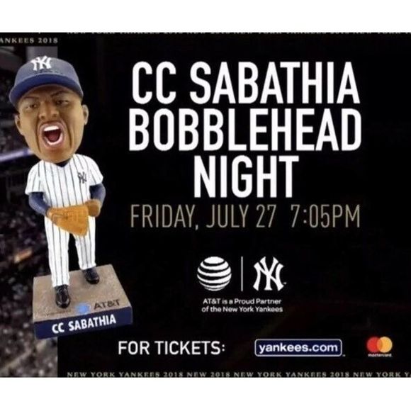 NY YANKEES SABATHIA BOBBLEHEAD SGA NIB 7/27/2018 BRAVED RAIN FOR IT! - Picture 8 of 12